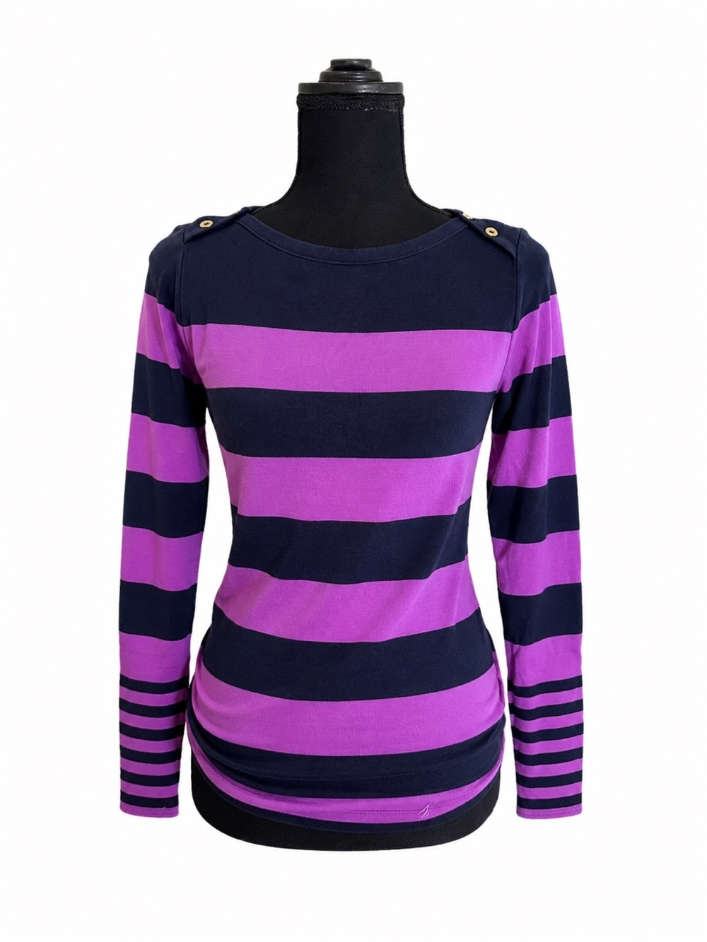 NAUTICA LONG SLEEVE PURPLE AND BLUE STRIPED TOP WITH BUTTON DETAIL